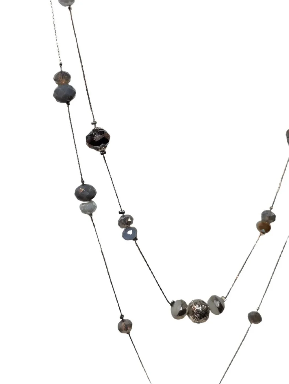 Multi-Tone Faceted Gray & Iridescent & Silver Bead Two Strand Long Necklace